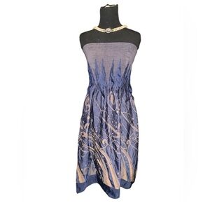 Blue and Gold Strapless Ruched Sundress silky lightweight